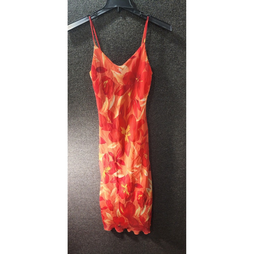 Studio Y Orange Red Tropical Floral Mesh Midi Slip Dress Spaghetti Strap V-Neck